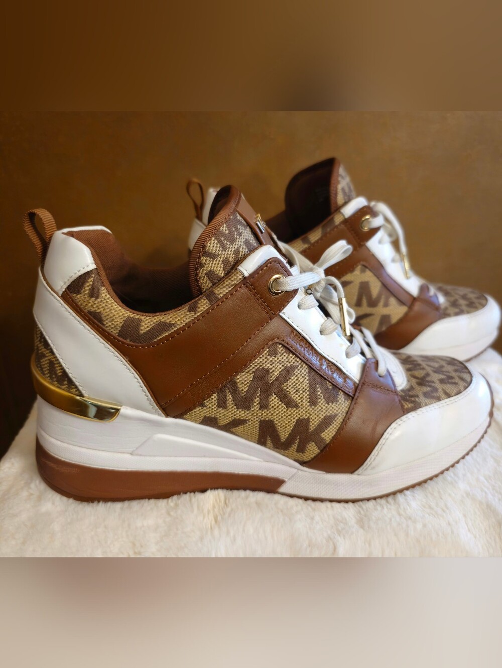 Michael Kors Brown & White MK Logo Wedge Sneakers - Picture 2 of 9